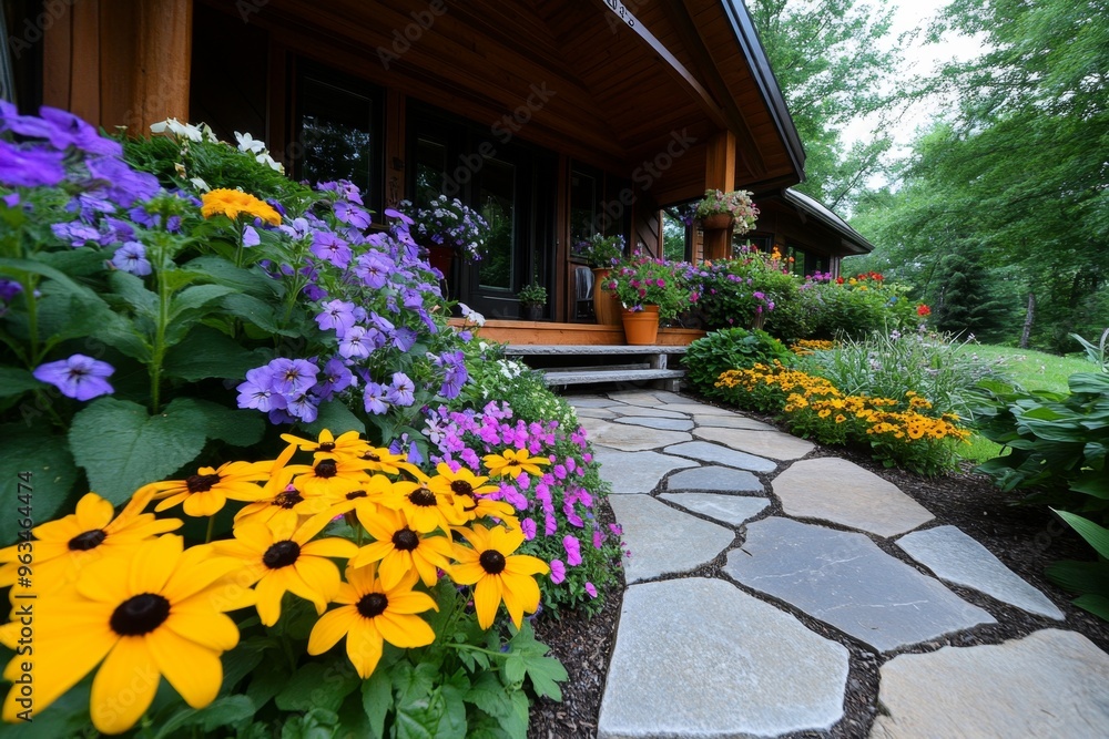Country house with a stone path, leading to a quaint front porch where flower pots overflow with colorful summer blooms Country house with a stone path, leading to a quaint front porch where flower pots overflow with colorful summer blooms