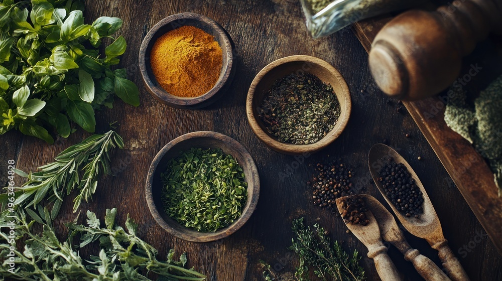 Various Spices and Herbs on a Wooden Surface Various Spices and Herbs on a Wooden Surface