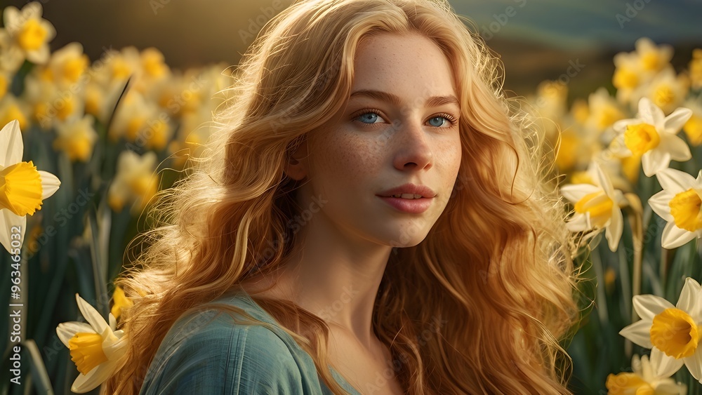 Portrait of a Serene Woman in a Field of Daffodils Portrait of a Serene Woman in a Field of Daffodils