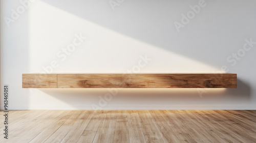 a simple wooden floating cabinet on a white wall with a wood floor, an interior design concept for a home decoration mock-up in a living room