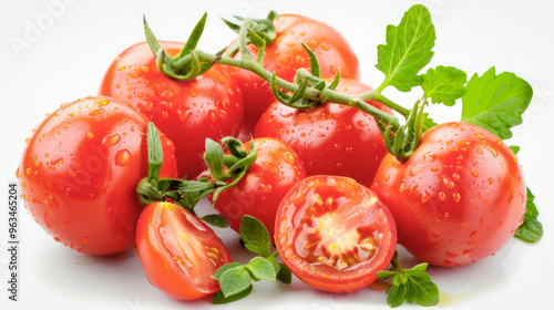 A bunch of plump tomatoes d...