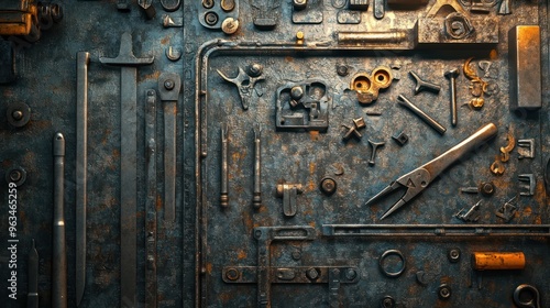 Rusty Tools and Metal Objects on a Workshop Wall