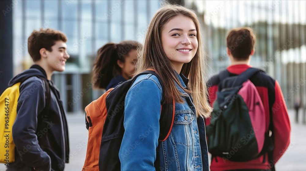 Obraz premium A group of young people walking down a street with backpacks