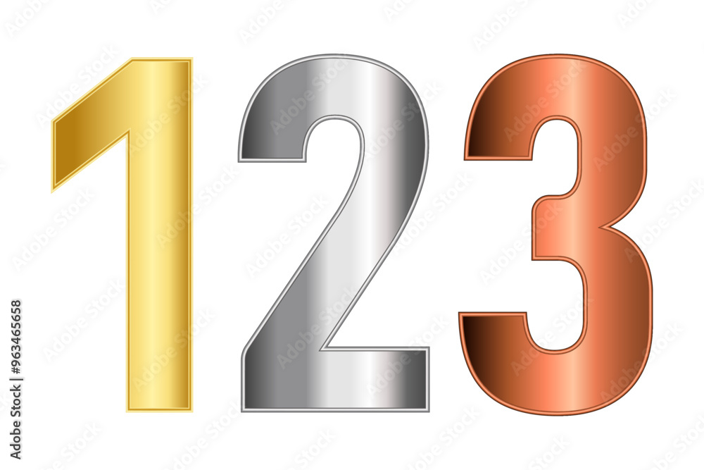 Gold number 1, silver number 2, bronze number 3 on transparent background Gold number 1, silver number 2, bronze number 3 on transparent background
