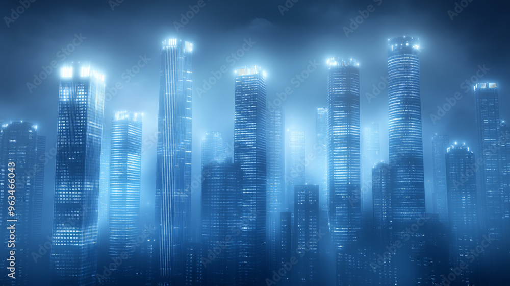 Misty night skyline with illuminated skyscrapers and fog Misty night skyline with illuminated skyscrapers and fog