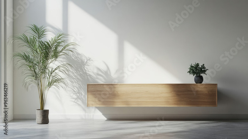 Minimalist interior design of a modern living room with a floating wooden cabinet and a white wall mockup, natural lighting