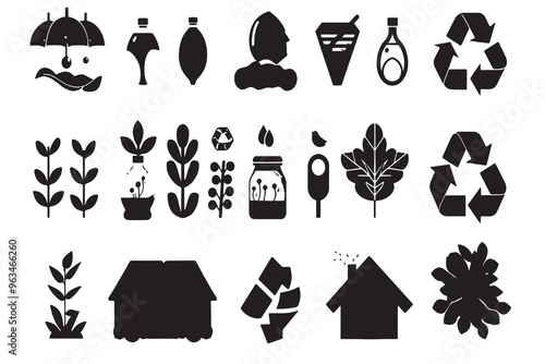 Eco-friendly icons collection featuring recycling symbols, plants, reusable bottles, and sustainable lifestyle elements for environmental conservation.

