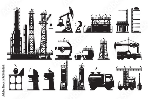 Set of industrial oil rig and refinery icons including drilling platforms, equipment, and vehicles for energy production, petroleum industry, and infrastructure illustrations.