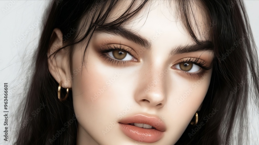 A close up of a woman with long black hair and gold earrings A close up of a woman with long black hair and gold earrings