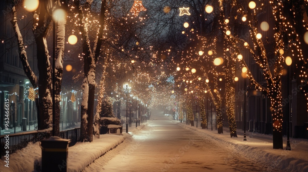 Snowy Street Illuminated by Christmas Lights at Night Snowy Street Illuminated by Christmas Lights at Night