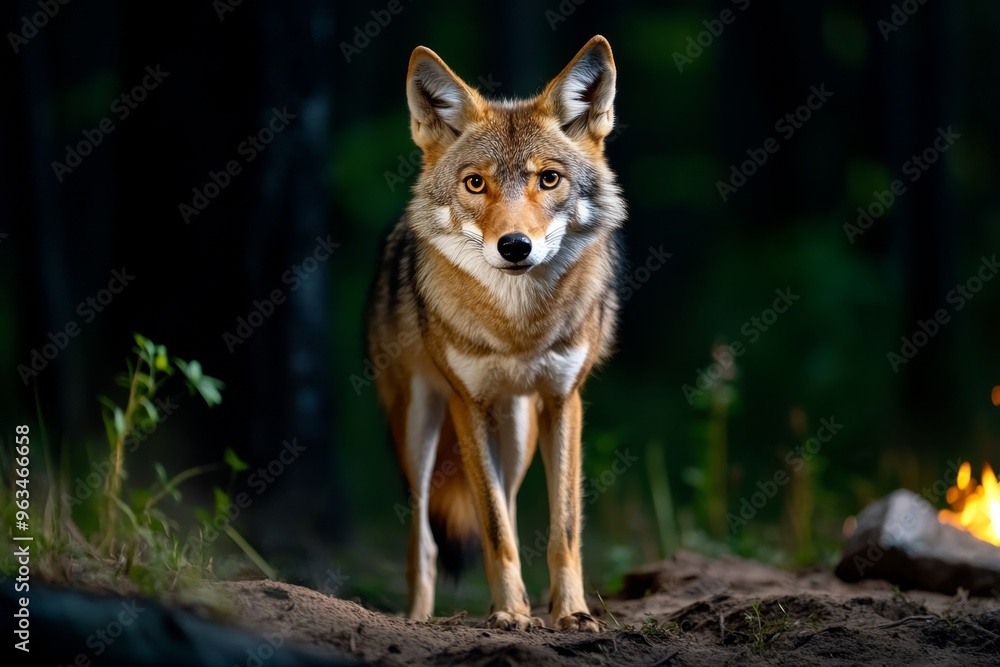Coyote crossing the campsite, pausing briefly in the firelight before trotting off into the forest, its movements quick and sure Coyote crossing the campsite, pausing briefly in the firelight before trotting off into the forest, its movements quick and sure