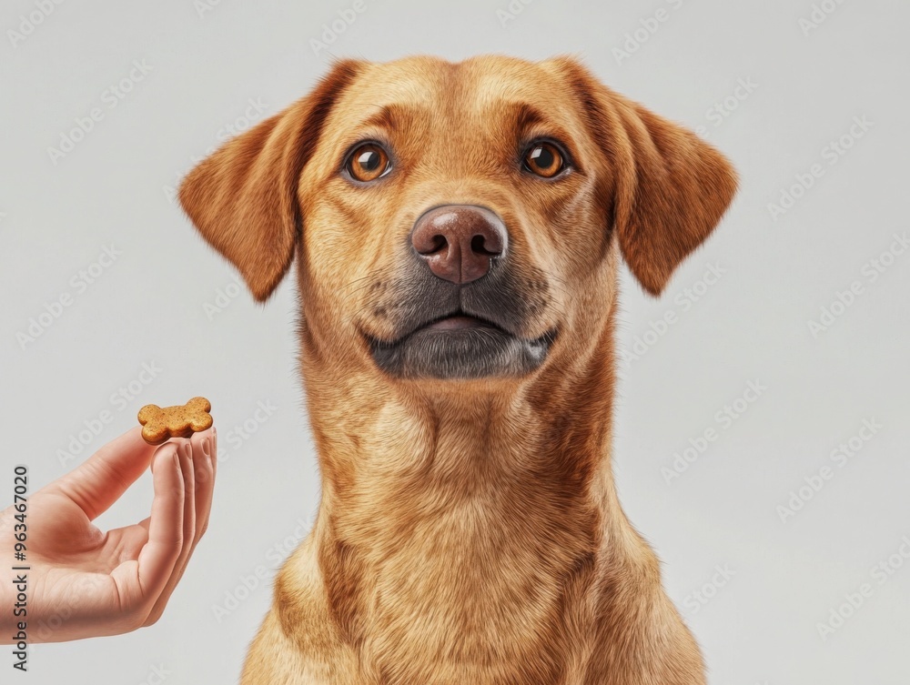Puppy learning to sit, owner holding treat, 3D illustration Puppy learning to sit, owner holding treat, 3D illustration