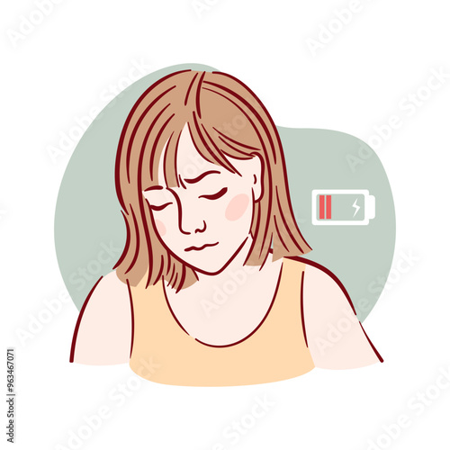 An illustration depicting an exhausted woman who is low on battery energy, embodying her struggles, apathy. Distress, lack of motivation. sketch For book, brochure, psychological help website design