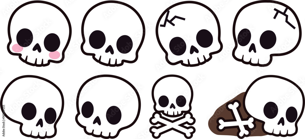 Set of Cute Cartoon Skull Vector Illustrations with Various Expressions and Bone Details, Perfect for Halloween, Day of the Dead, or Spooky Themed Projects, Suitable for Stickers and Decorations Set of Cute Cartoon Skull Vector Illustrations with Various Expressions and Bone Details, Perfect for Halloween, Day of the Dead, or Spooky Themed Projects, Suitable for Stickers and Decorations