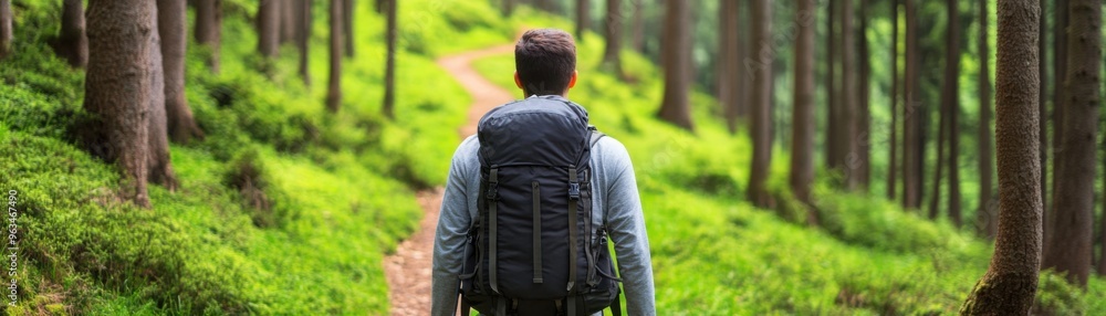Person at the start of a hiking trail, ready to explore new terrain Person at the start of a hiking trail, ready to explore new terrain