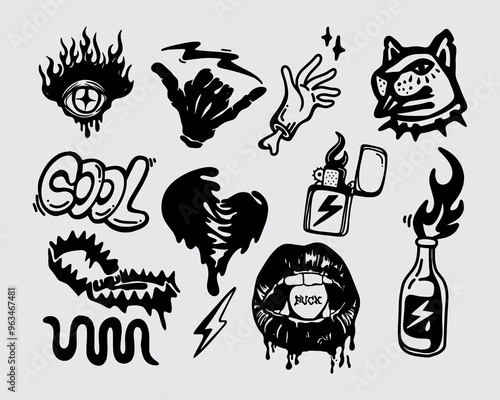 Anti design ink clip art streetwear element brutalism element shape asset acid poster, tattoo style, illustration vector creepy icon, symbol editable