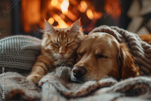 Adorable pets, dogs and cats, curled up by a roaring fireplace with a blurred background, exuding warmth in cozy winter attire.. AI generated.