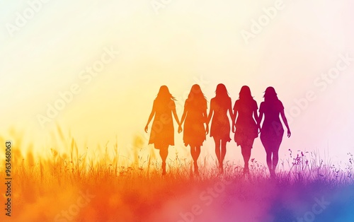 A vibrant silhouette of five women walking together against a colorful sunset, symbolizing friendship and unity.