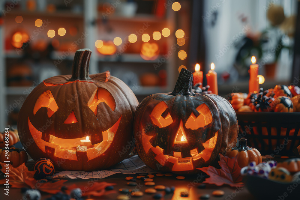 Fototapeta premium A spooky Halloween scene featuring beautifully carved jack-o'-lanterns, eerie candles, and festive candy bowls, creating a thrilling atmosphere.. AI generated.