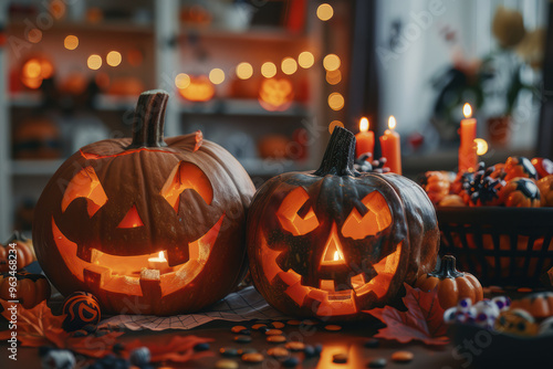 A spooky Halloween scene featuring beautifully carved jack-o'-lanterns, eerie candles, and festive candy bowls, creating a thrilling atmosphere.. AI generated.