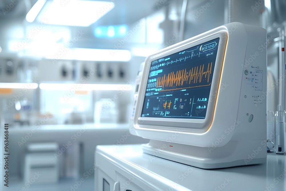 Fototapeta premium State-of-the-Art Medical Diagnostic Device Showcasing Real-Time Patient Data in Clean Laboratory Setting