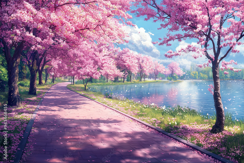 Pink cherry tree blossom, sidewalk along the lake. Sunny day. Concept of spring, Painting style, grainy texture collage Pink cherry tree blossom, sidewalk along the lake. Sunny day. Concept of spring, Painting style, grainy texture collage