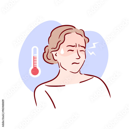 A woman is currently experiencing various fever related symptoms and noticeable general discomfort. Vector illustration in sketch style for medical brochures, website