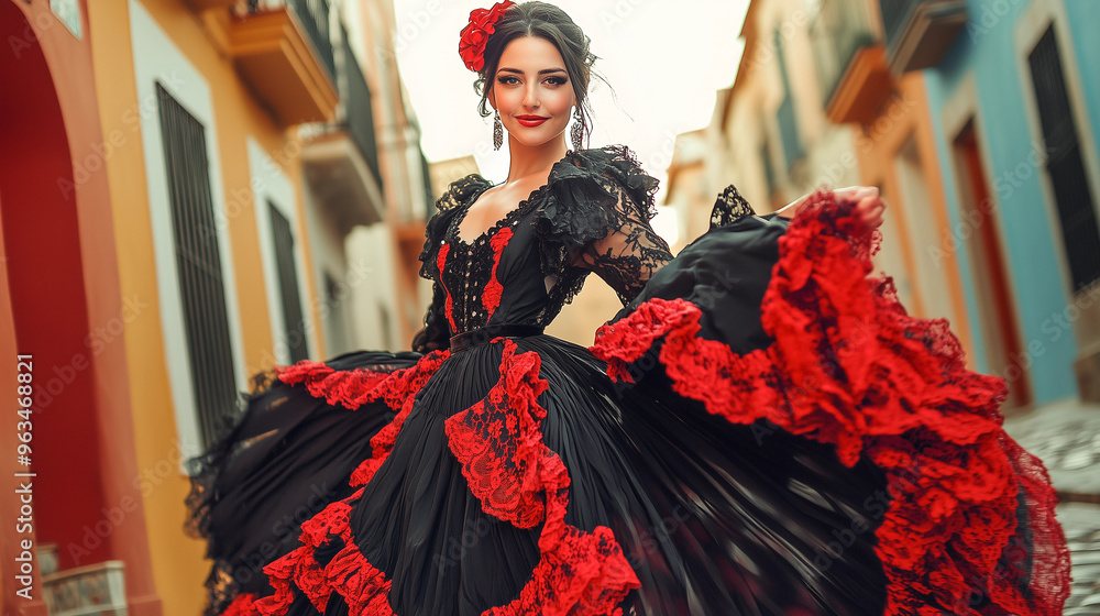 Una mujer está vestida con un vestido tradicional negro y rojo, en la calle de la ciudad vieja Una mujer está vestida con un vestido tradicional negro y rojo, en la calle de la ciudad vieja