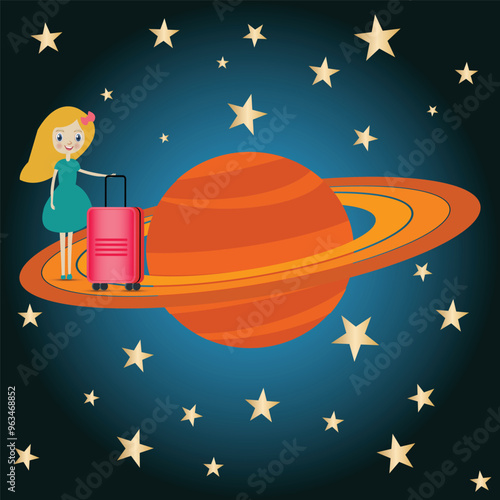 Girl with a trolley bag on planet Saturn ring