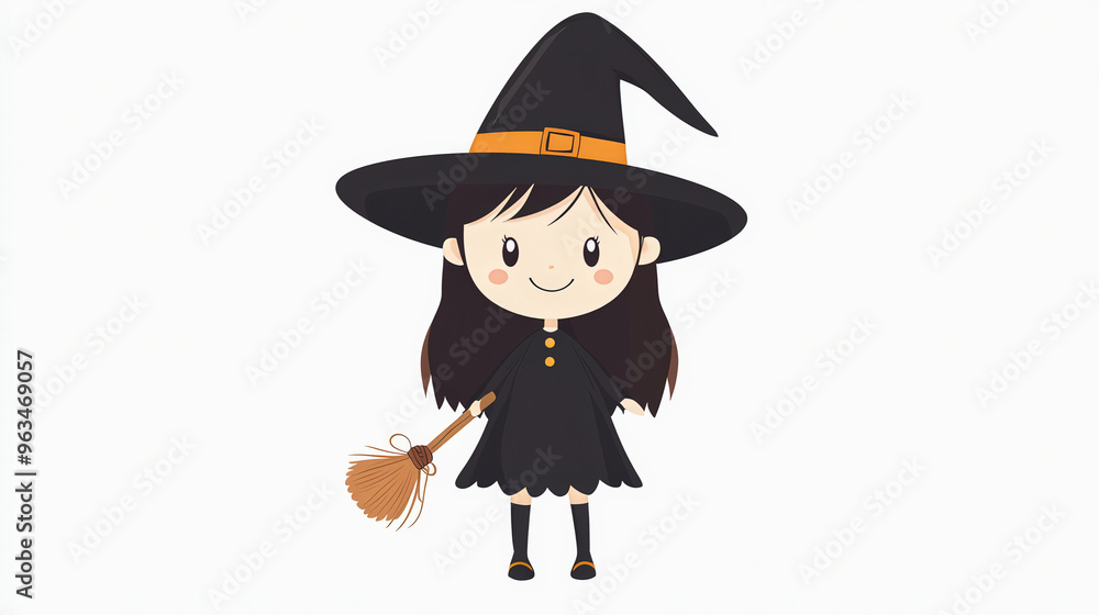 Cute girl in a witch costume holding a broom, wearing a black dress and hat with orange accents. Halloween-themed cartoon illustration. Cute girl in a witch costume holding a broom, wearing a black dress and hat with orange accents. Halloween-themed cartoon illustration.
