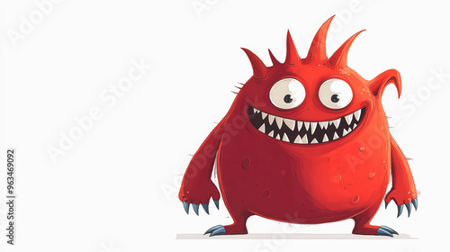 Red cartoon monster with spikes, big eyes, sharp teeth, and claws, smiling mischievously. Halloween-themed illustration.
