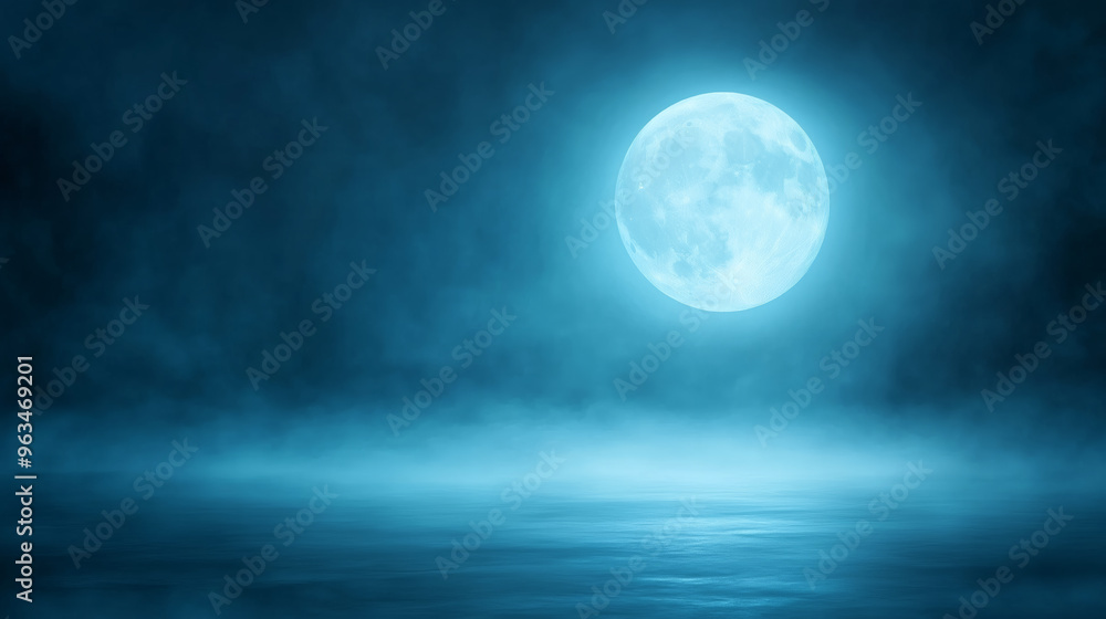 Bright blue moon illuminating misty ocean at night Bright blue moon illuminating misty ocean at night