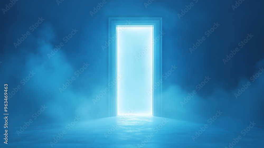 Mysterious glowing door shrouded in blue mist at night Mysterious glowing door shrouded in blue mist at night