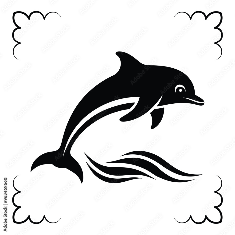 Obraz premium Minimalist vector illustration of a dolphin leaping over stylized waves, ideal for aquatic designs.