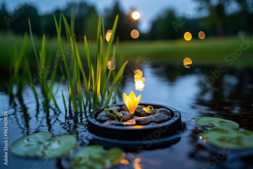 Frogs croaking from the nearby pond, filling the night with sound as the fire crackles softly, providing warmth in the cool night air