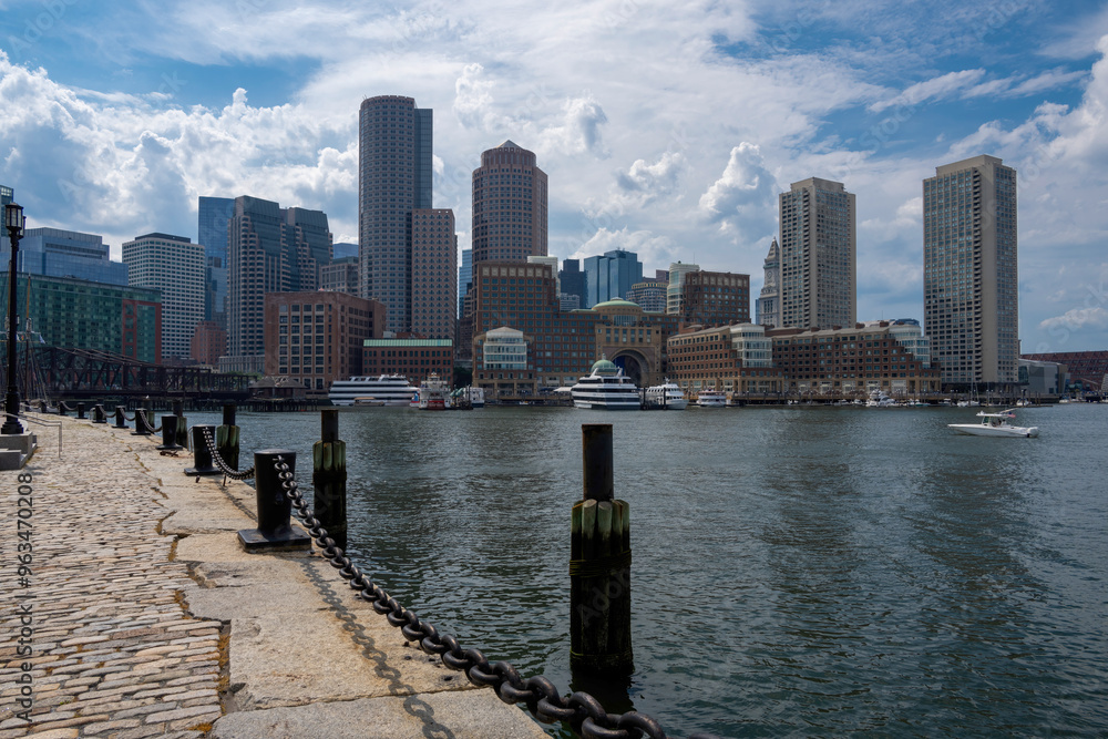 Boston Harbor Skyline and Financial District at sunset time Boston USA Boston Harbor Skyline and Financial District at sunset time Boston USA