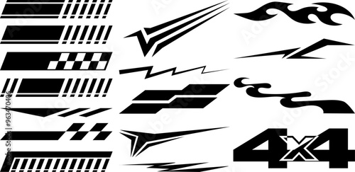 Collection of Vector Racing Graphics and Decals Featuring Stripes, Flames, Speed Lines, Lightning Bolts, and 4x4 Off-Road Elements for Vehicle Wraps and Custom Designs