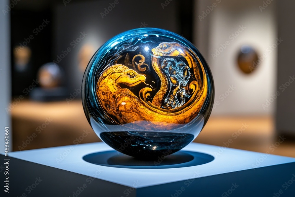 Glass sphere, etched with intricate designs that seem to tell the story of an ancient civilization long forgotten Glass sphere, etched with intricate designs that seem to tell the story of an ancient civilization long forgotten