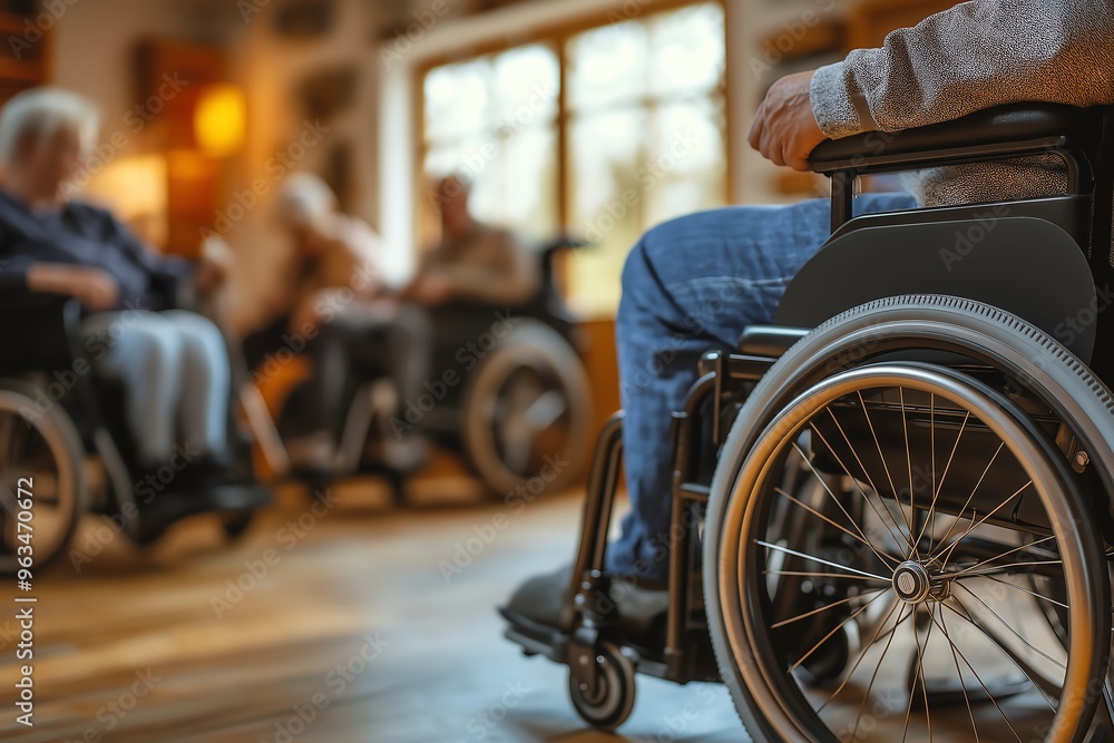 Obraz premium A group of senior citizens in wheelchairs are gathered in a bright and airy room.