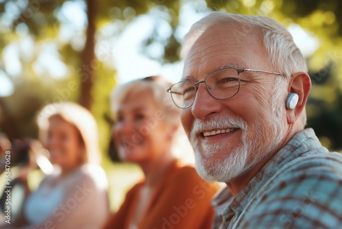 Smiling senior man wearing hearing aid outdoors with friends.