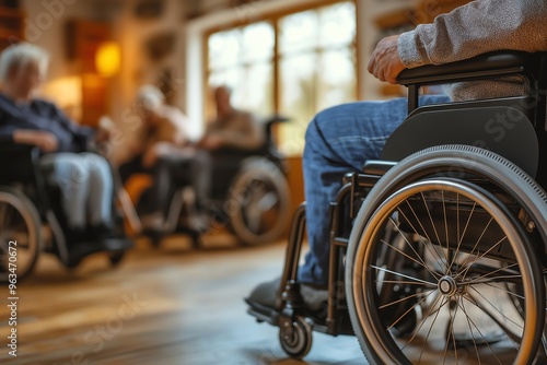 A group of senior citizens in wheelchairs are gathered in a bright and airy room.