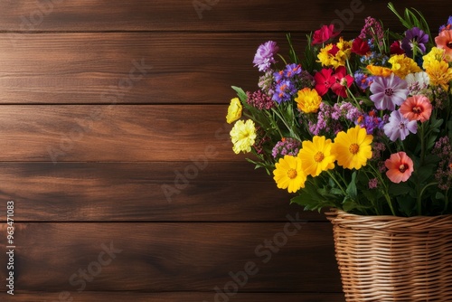 Wallpaper Mural A captivating image showcasing a basket overflowing with colorful wildflowers, resting on a rustic wooden background. The vibrant hues of yellow, purple, red, and orange create a stunning visual contr Torontodigital.ca