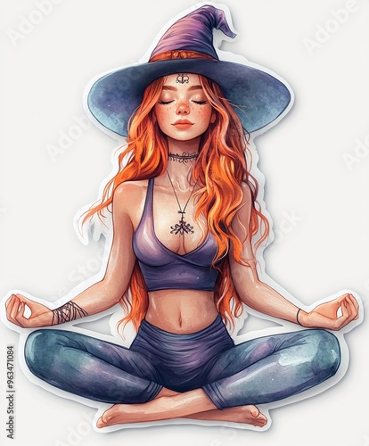 Young beautiful red-haired witch does yoga - Halloween illustration