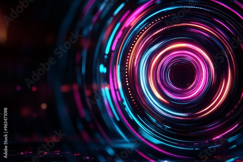 A captivating abstract digital background featuring concentric circles of glowing neon blue, pink, and orange light. These vibrant colors create a sense of movement and energy, suggesting themes of te