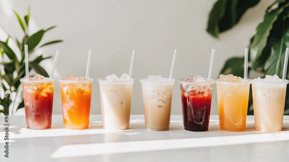 Fototapeta premium Wide shot of a table with multiple glasses of iced milk tea, each with ice cubes and a straw, set against a simple white background for a clean and inviting presentation