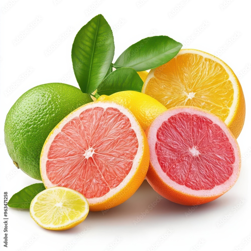 Fresh citrus fruits, food element, hyper-realistic rendering, bright colors, isolated on white background Fresh citrus fruits, food element, hyper-realistic rendering, bright colors, isolated on white background
