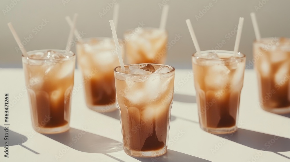 Wide shot of a table with multiple glasses of iced milk tea, each with ice cubes and a straw, set against a simple white background for a clean and inviting presentation Wide shot of a table with multiple glasses of iced milk tea, each with ice cubes and a straw, set against a simple white background for a clean and inviting presentation
