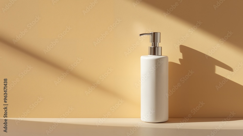 White pump bottle on a beige shelf with sun light. White pump bottle on a beige shelf with sun light.