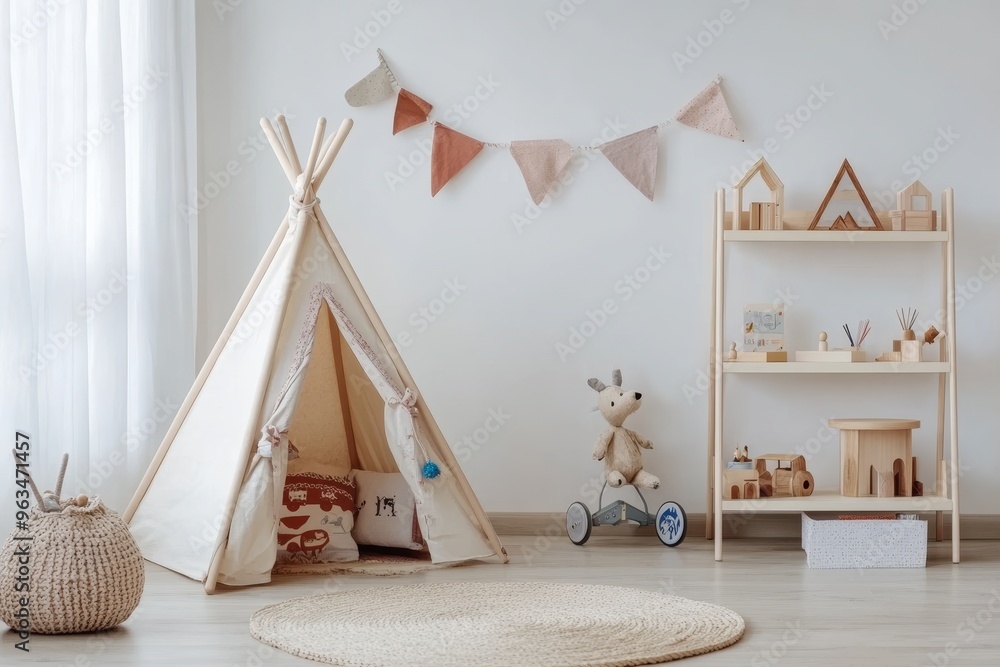 A charming and inviting child's room featuring a white teepee tent, wooden shelves with toys, and a plush deer toy. It evokes a sense of playfulness, creativity, and comfort, ideal for imaginative pla A charming and inviting child's room featuring a white teepee tent, wooden shelves with toys, and a plush deer toy. It evokes a sense of playfulness, creativity, and comfort, ideal for imaginative pla