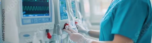 Healthcare professional adjusting kidney dialysis machine settings, [chronic kidney disease], [dialysis equipment adjustment]